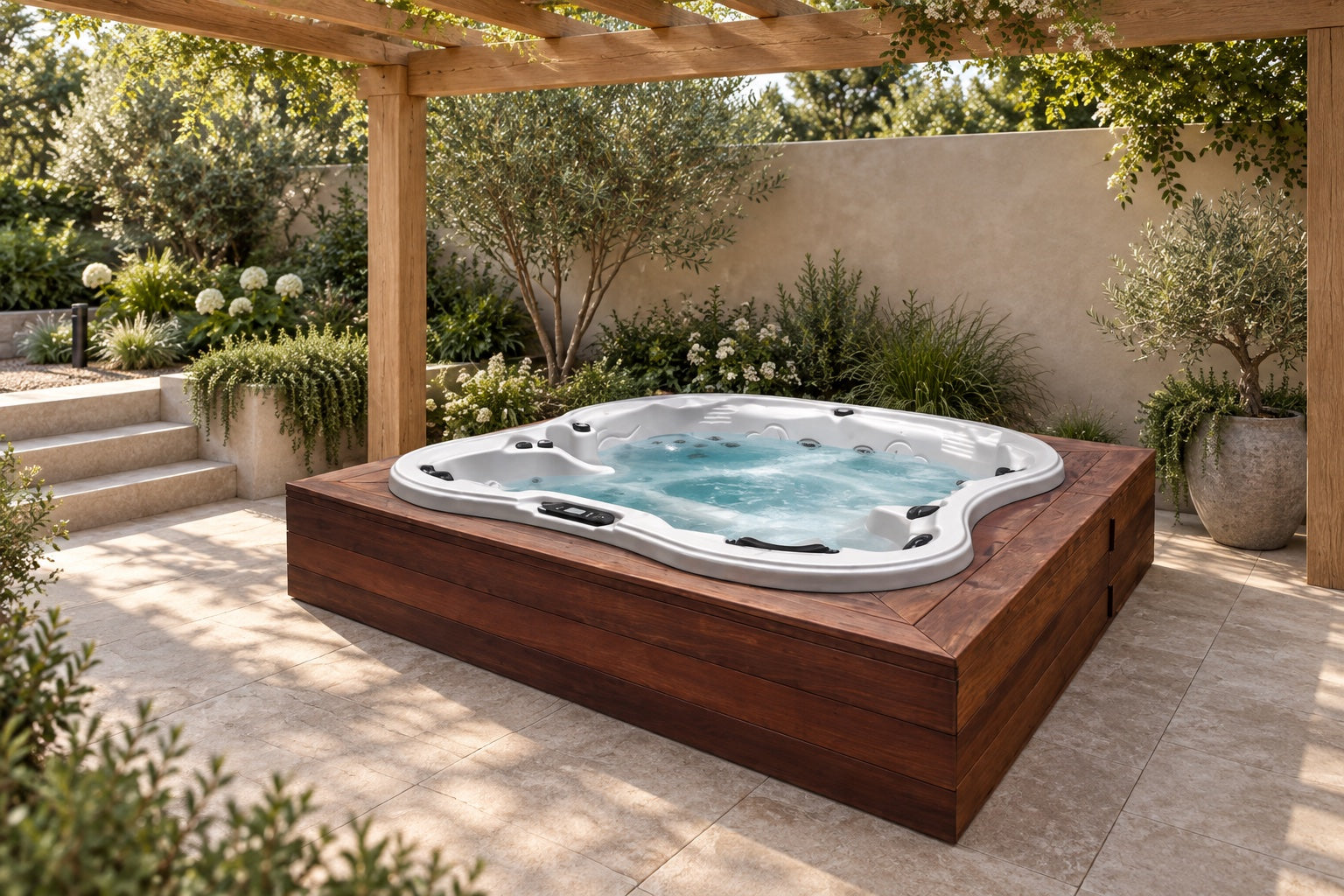 A hot tub on a stone patio surrounded by planting.