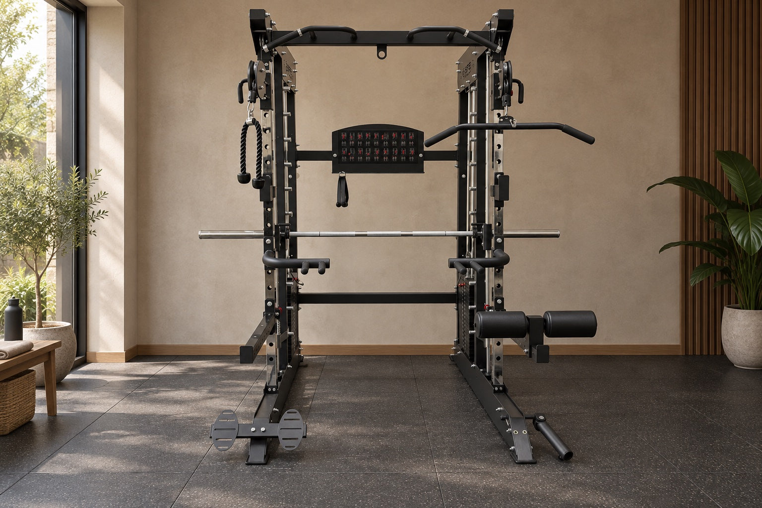 A Smith machine and bench in a bright home gym.