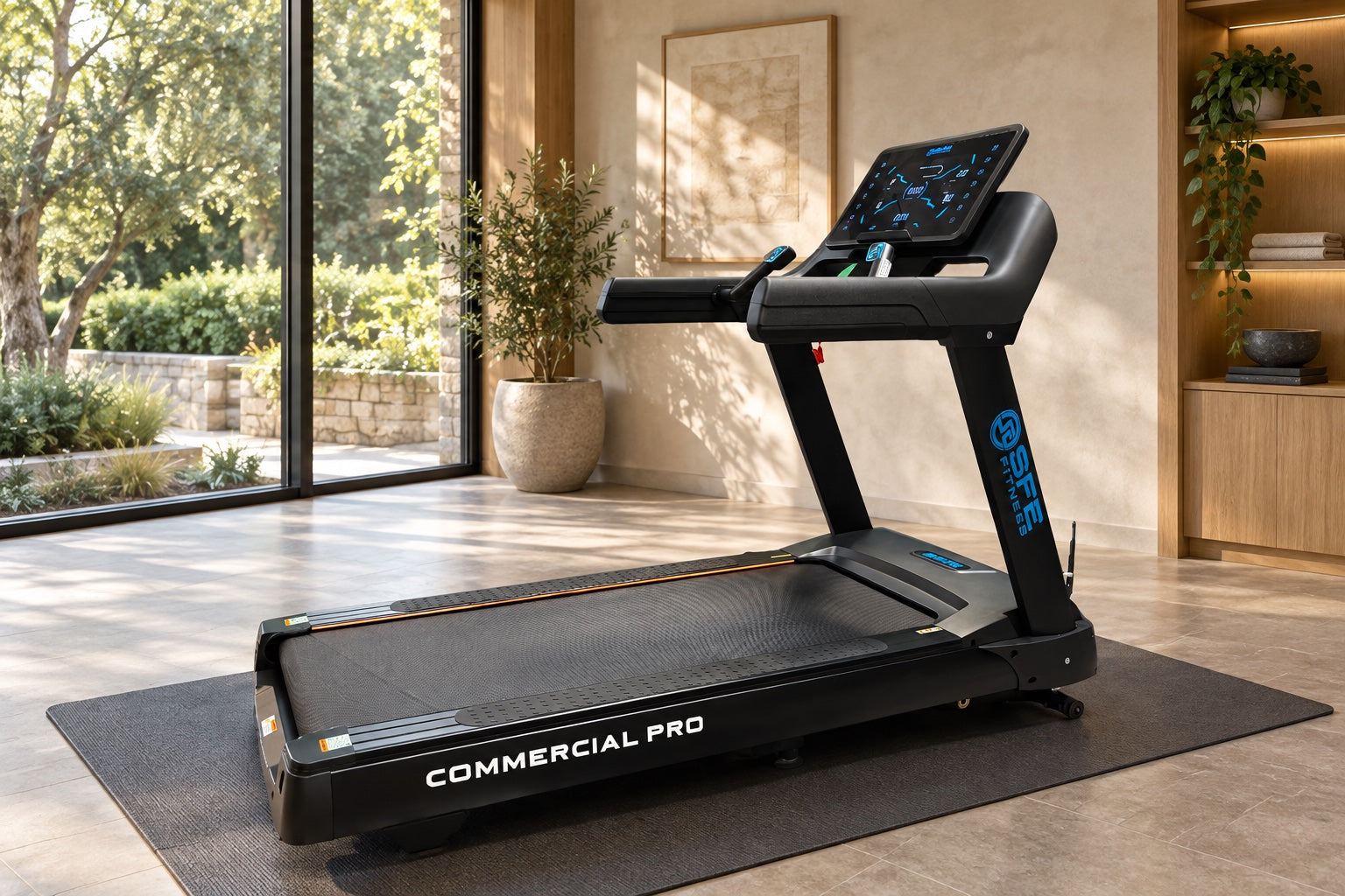 A treadmill beside floor-to-ceiling windows in a sunlit room.