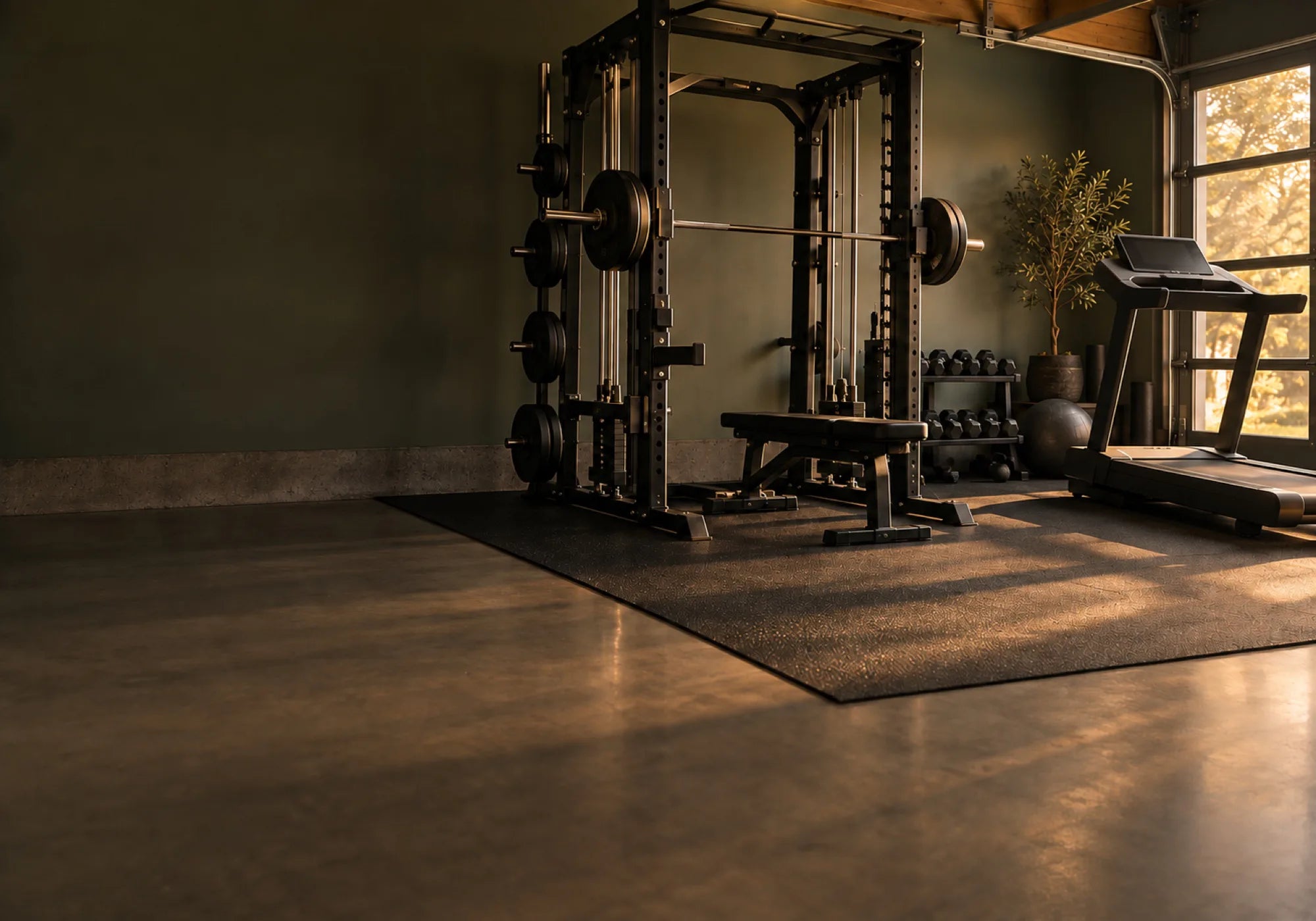 A Smith machine, bench and dumbbell rack in a dim, warmly lit home strength studio.